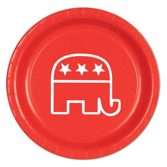 Beistle Disposable Round Republican Elephant Party Dinner Plates - 9" - Red and White - Pack of 96