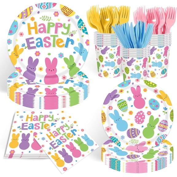 Easter Paper Plates and Napkins Sets, Bunny Egg Happy Easter Tableware Supplies Disposable Party Plates Napkins Cups for Spring Decor