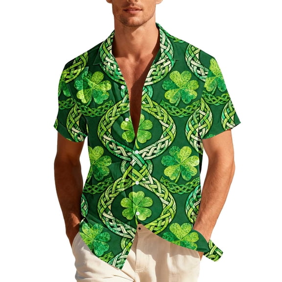 hlysgo St Patricks Day Hawiian Shirts for Men Shamrock Irish Printed Short Sleeve Button Down Shirts Funny St Patricks Day Tshirts Green XL