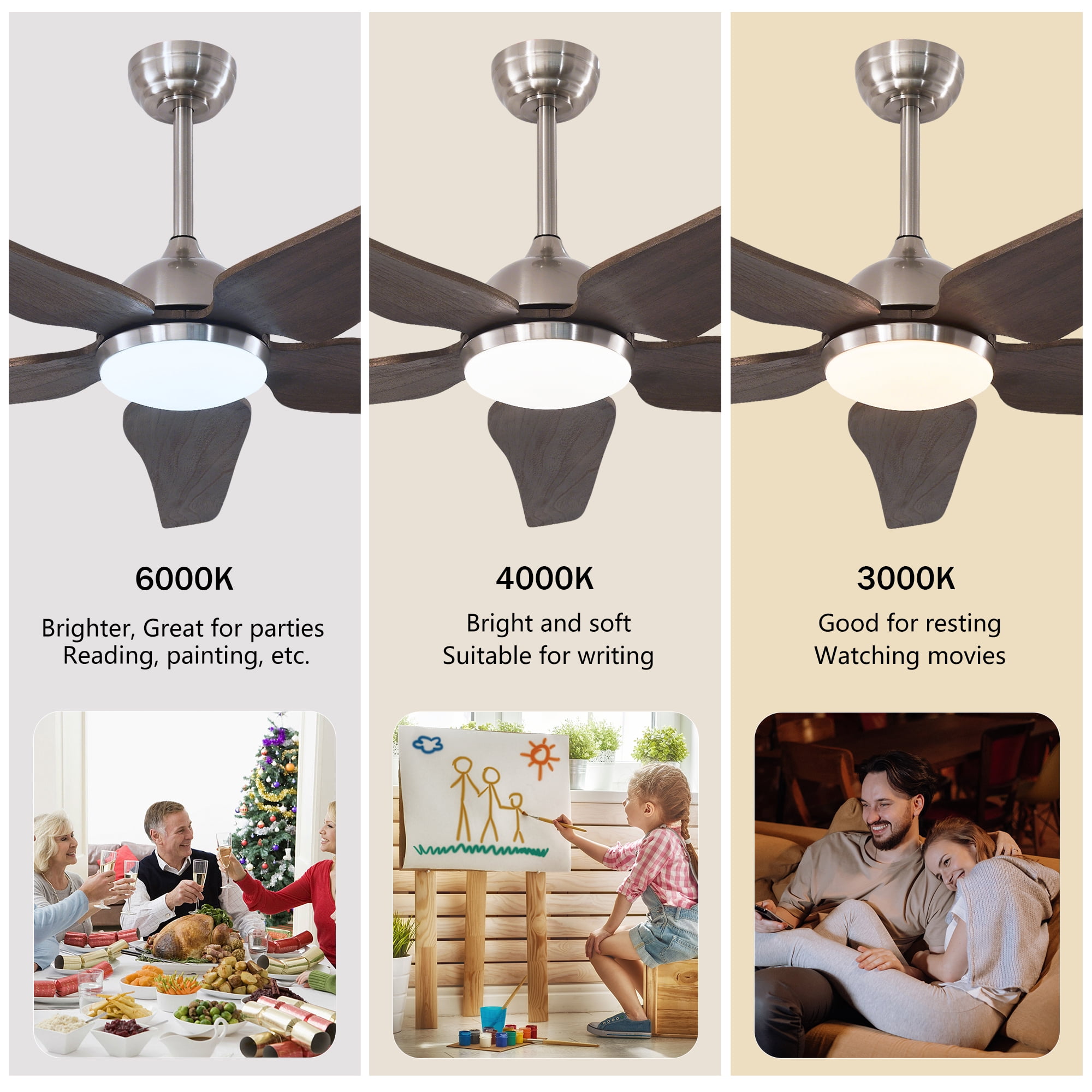 Leumius 52" Ceiling Fan with Light, Quiet DC Motor Ceiling Fans 6 Speed Levels,Reversible Ceiling Fan for Patio Living Room Bedroom Silver