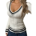thumbnail image 2 of Women'S Striped Cable Knit Preppy Sweater Tops V Neck Long Sleeve Pullovers Slim Fit Knitwear White L, 2 of 9