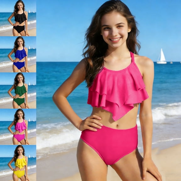SGFCWSX Girls 2-Piece Swimsuit, Kids Halter Bikini Ruffle Flounce Crop Top and High Waist Bottom, Bathing Suit for Beach Pool Pink Size 9-10Years