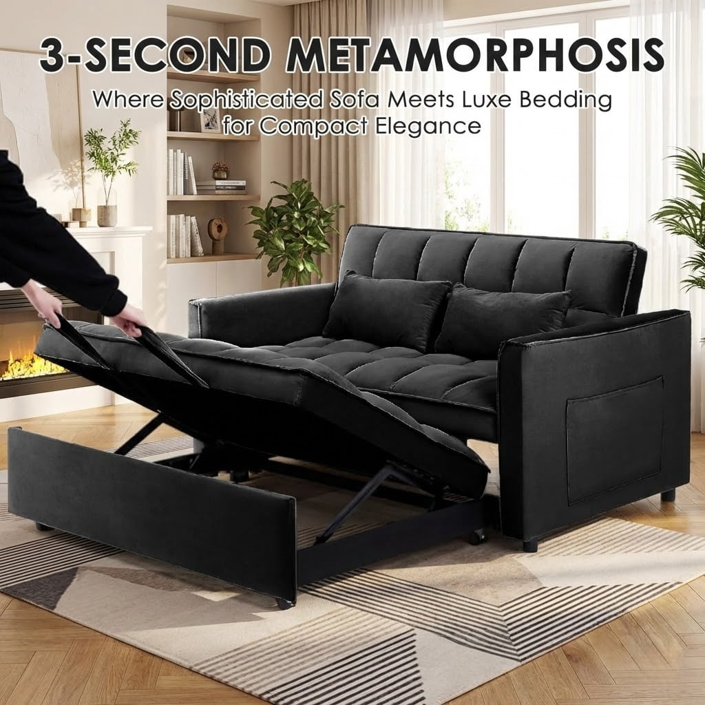 Xiweot 3 in 1 Convertible Sleeper Sofa Bed, 55" Pull Out Couch with Side Pockets, Velvet Loveseat Sofa with Adjustable Backrest for Living Room Bedroom Apartment (Black)