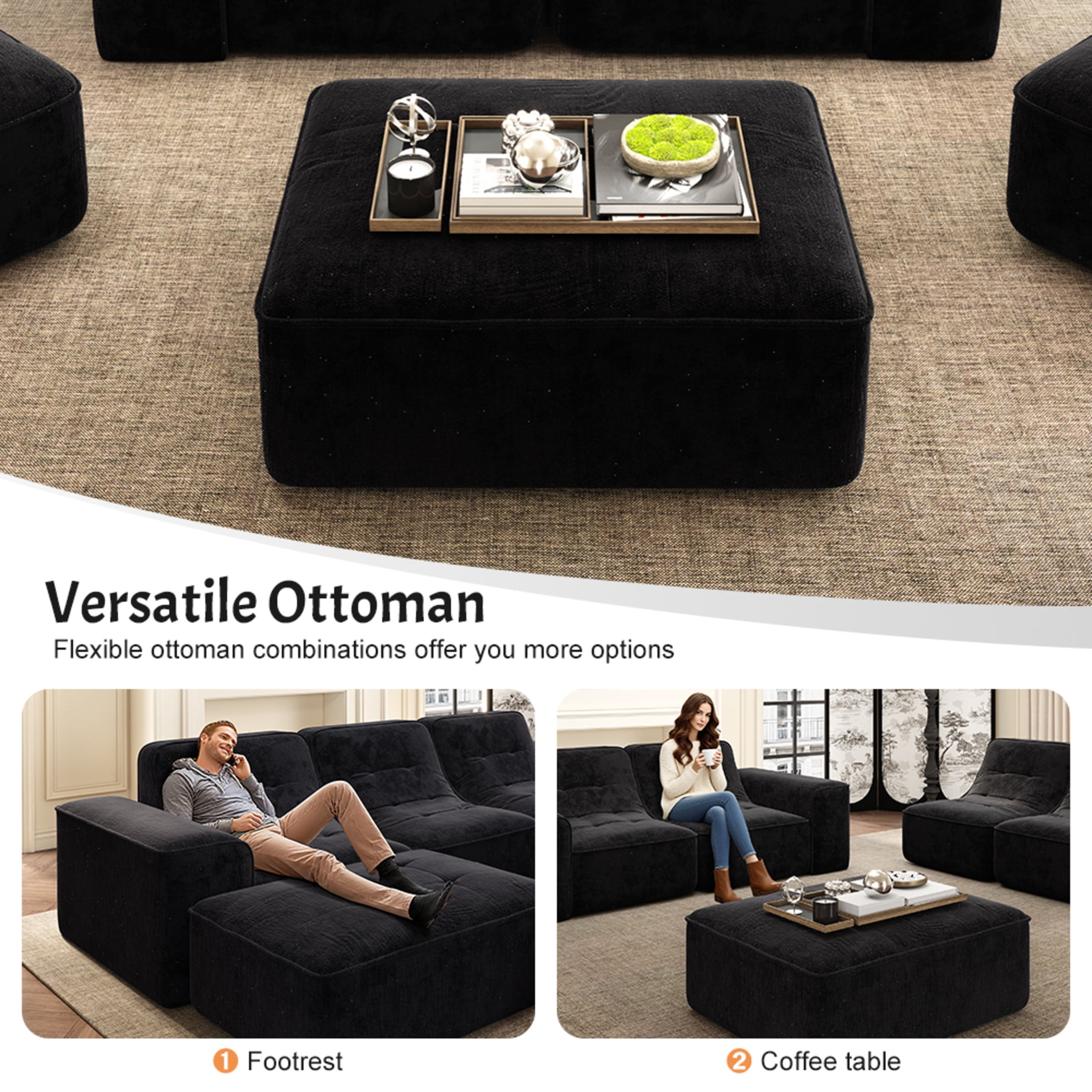 Noble House 144" Modular Sectional Sofa, Tufted Sparkling Chenille Deep Seat Couch with Ottoman, Accent Chair, Black