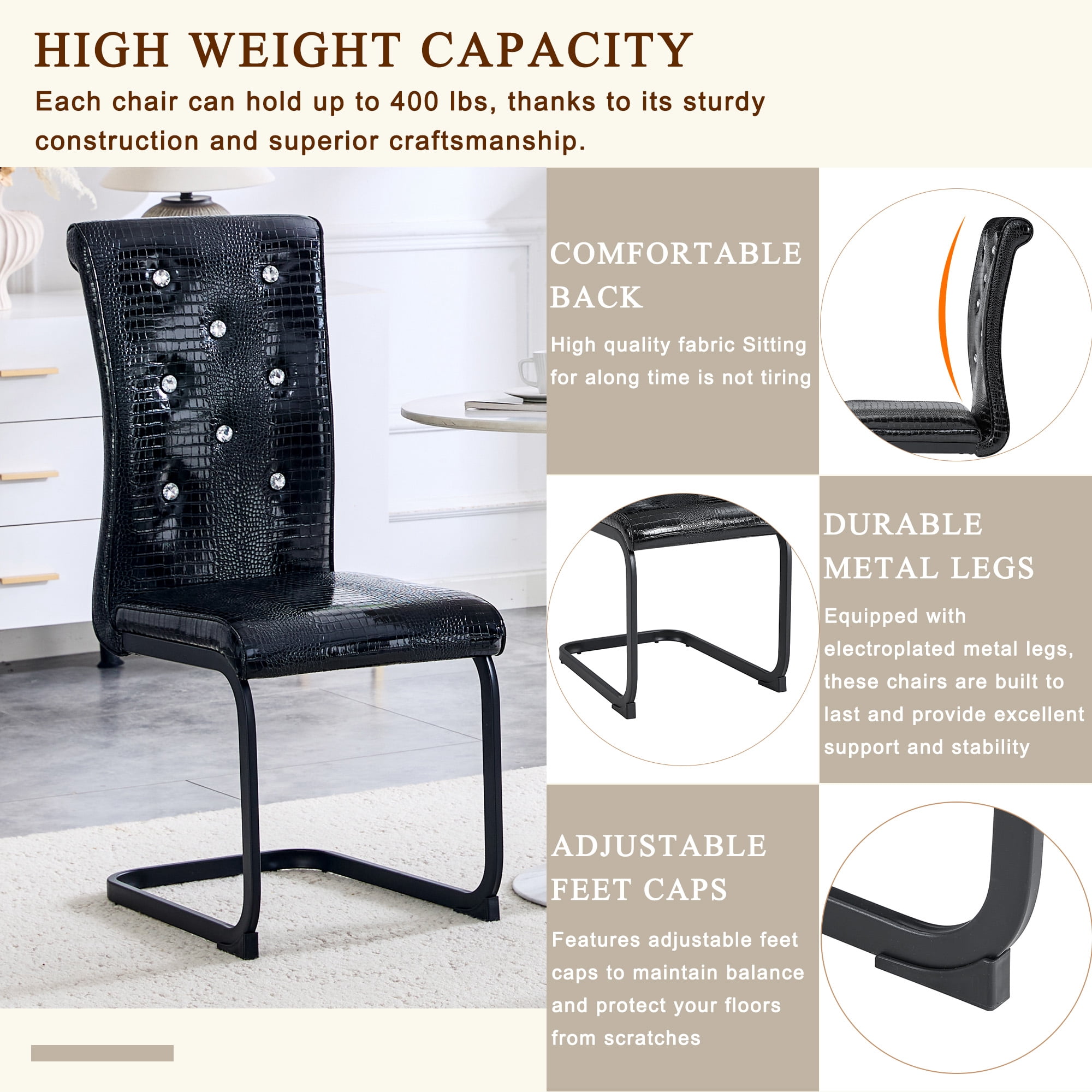 Aukfa Modern Dining Chairs Set of 2 , 400 lbs Heavy-Duty Faux Alligator Leather Kitchen Chairs with Crystal Button Tufted High Back,Black