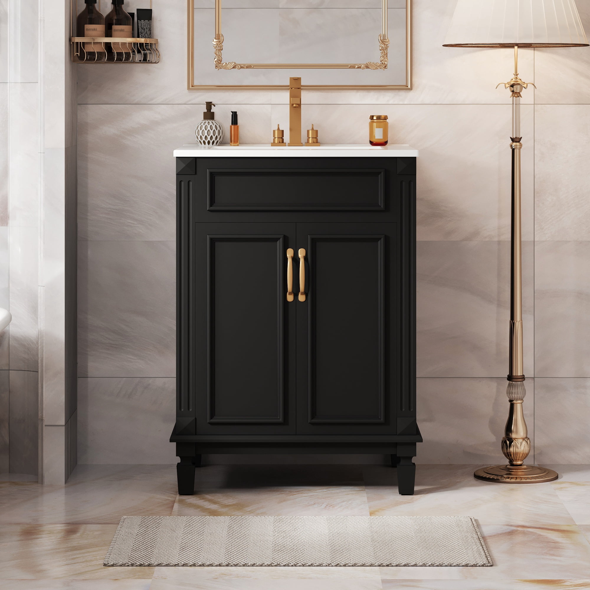 Euroco 24'' Bathroom Vanity with Top Sink, Modern Bathroom Storage Cabinet with 2 Soft-Closing Doors and Adjustable Shelf, Solid Wood Frame