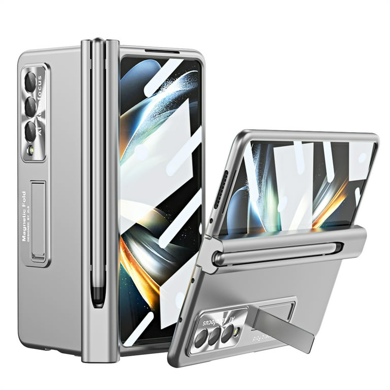 ELEHOLD Luxury Case for Samsung Galaxy Z Fold 4 Rugged Case Hinge Folding  All-inclusive with Hidden Kickstand Built-in Screen Protector Lens  Protection Pen Slot S Pen Fold Edition Z Fold 4 Case,Silver 