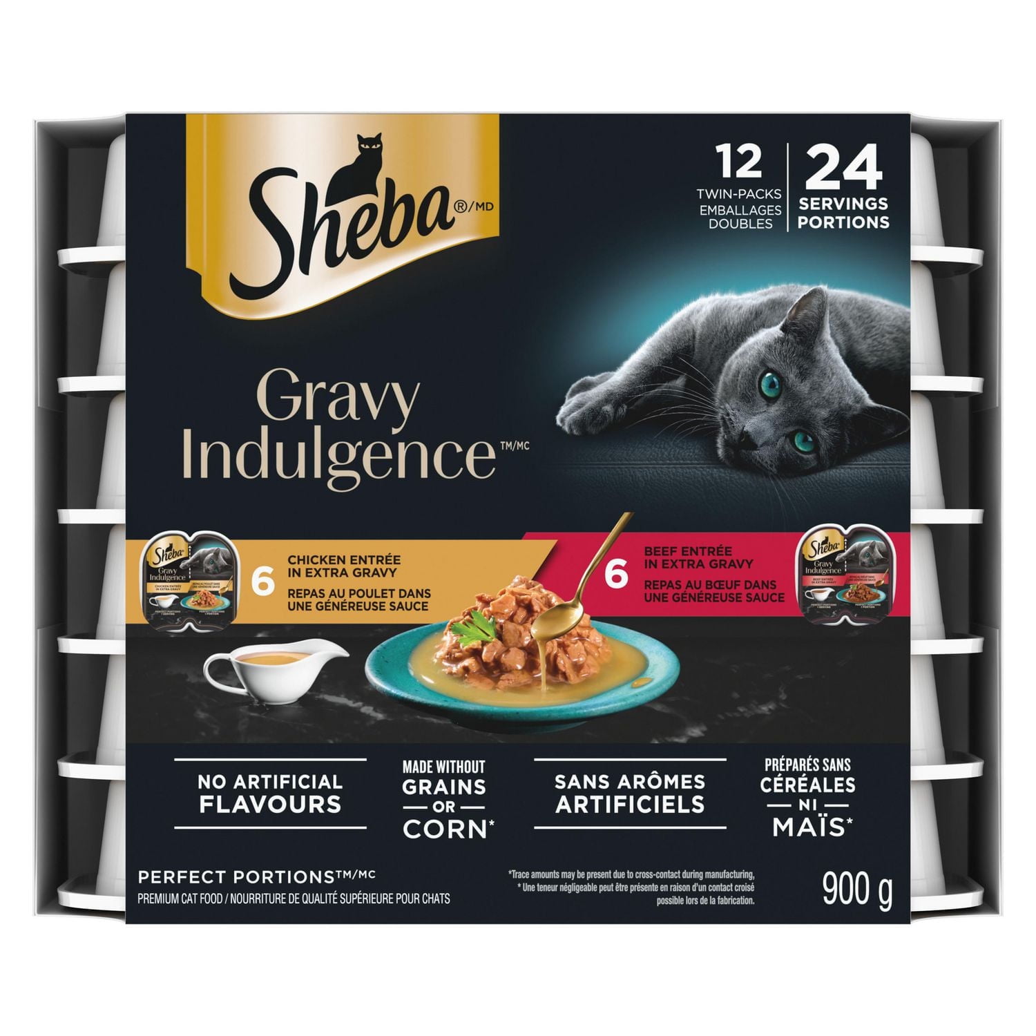 Nourriture humide pour chats adultes SHEBA GRAVY INDULGENCE PERFECT PORTIONS en format variété, repas au poulet et repas au bœuf dans une généreuse sauce