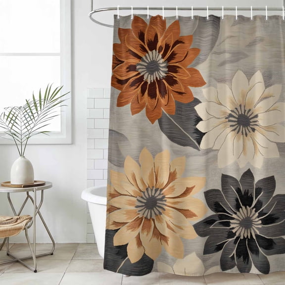 Burnt Orange Grey Black Flower Waterproof Fabric Shower Curtain,Spring Floral Botanical Waterproof Fabric Shower Curtain for Bathroom Curtains Bathtubs Shower Curtains with 12 Hooks Small 36x78in