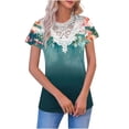thumbnail image 2 of Short Sleeve Crewneck T-Shirt for Women Vintage Floral Graphic Print with Delicate Lace Embroidery Neckline Relaxed Fit Soft Casual Daily Wear Clothes Top, 2 of 5