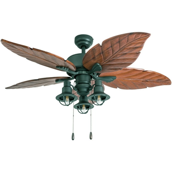 Prominence Home 50674-35 New Zealand Tropical 52-Inch Aged Bronze Indoor Ceiling Fan, Lantern LED Multi-Arm Dark Cherry Hand Carved Wood Blades