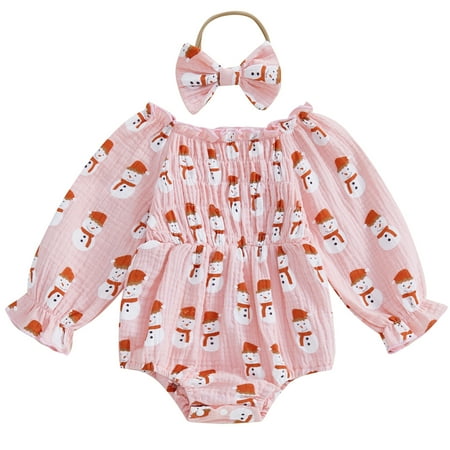 

Infant Baby Girls 2Pcs Christmas Outfits Long Sleeve Santa Print Smocked Bodysuit with Headband Set Newborn Clothes