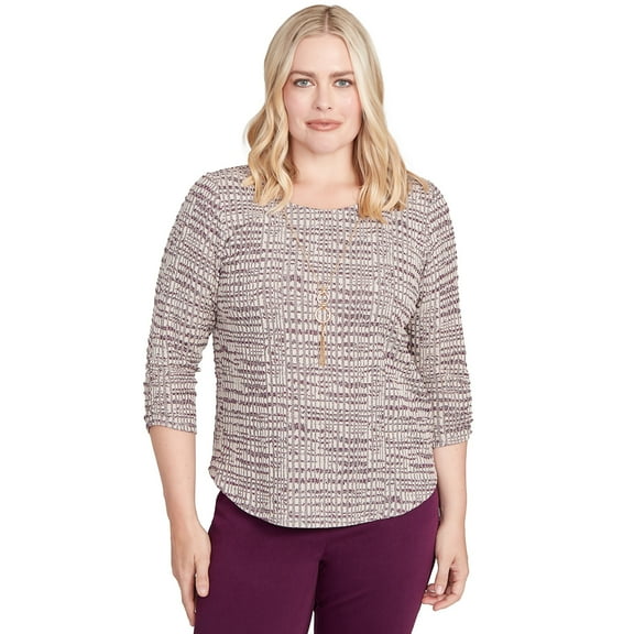 Alfred Dunner Womens Petite Textured Shimmer Space Dye Top With Necklace