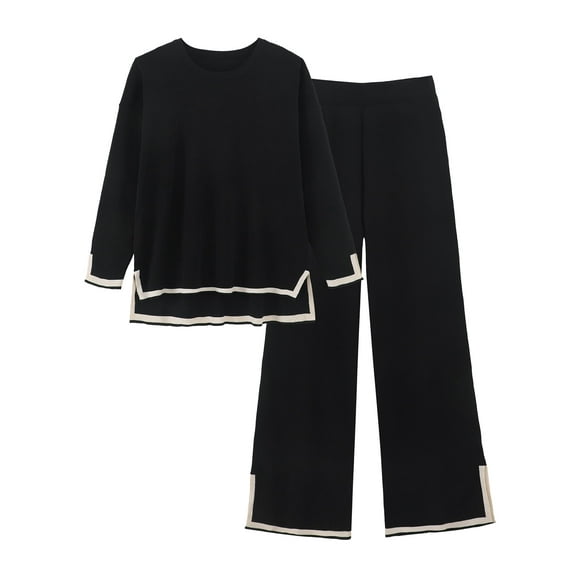 Women's 2PCS Outfits Set Pajamas Set Color-blocked Slit Long Sleeve Knitted Top Pants Set Fall Casual Outfits for Women Black, Size S-XL