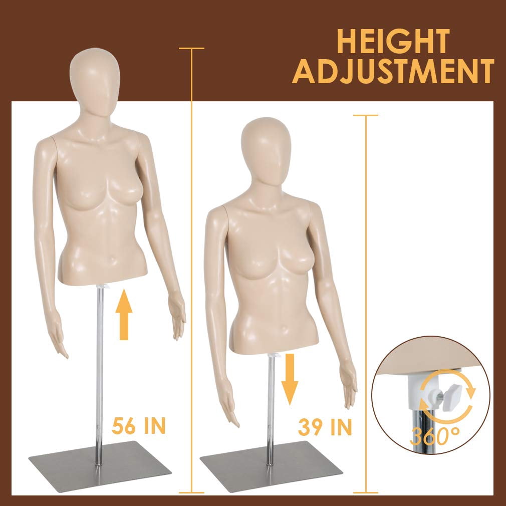 Female Mannequin Torso Dress Form Sewing Manikin 42-59 Inch Height Adjustable Dress Model Mannequin Display Head Dress Mannequin Clothing Form Metal Base Stand