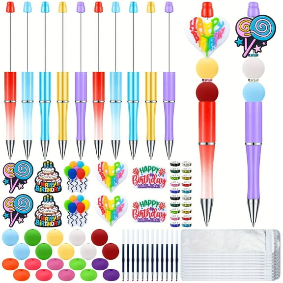 60Pcs Birthday Party Beadable Pens Kit Beaded Pens Diy Pen Making Kit 10 Silicone Beads for Pen Supplies Cute Pen Beads Bulk Office Present