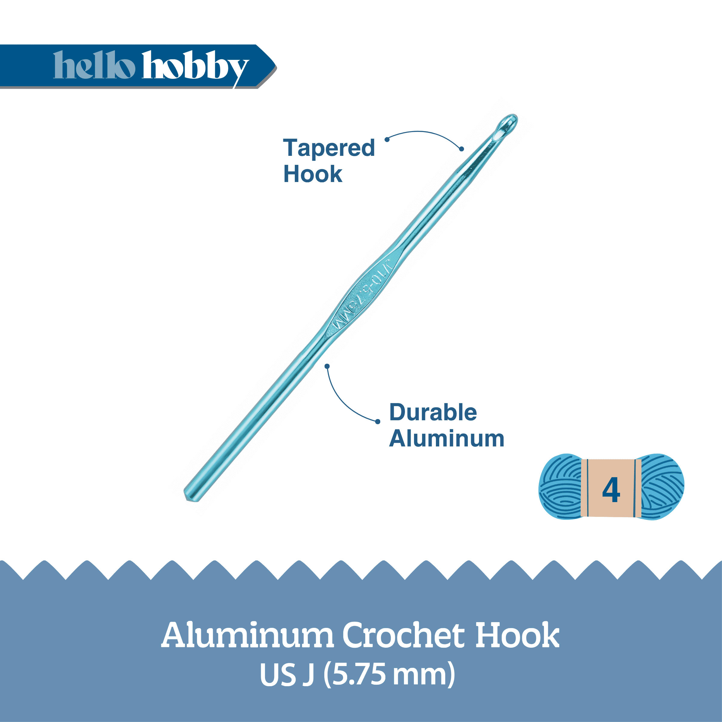 Hello Hobby Aluminum Crochet Hook, Size J, 5.75 mm