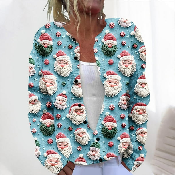 Cárdigan informal de punto con estampado navideño para mujer, chaqueta con botones y abrigo para mujer