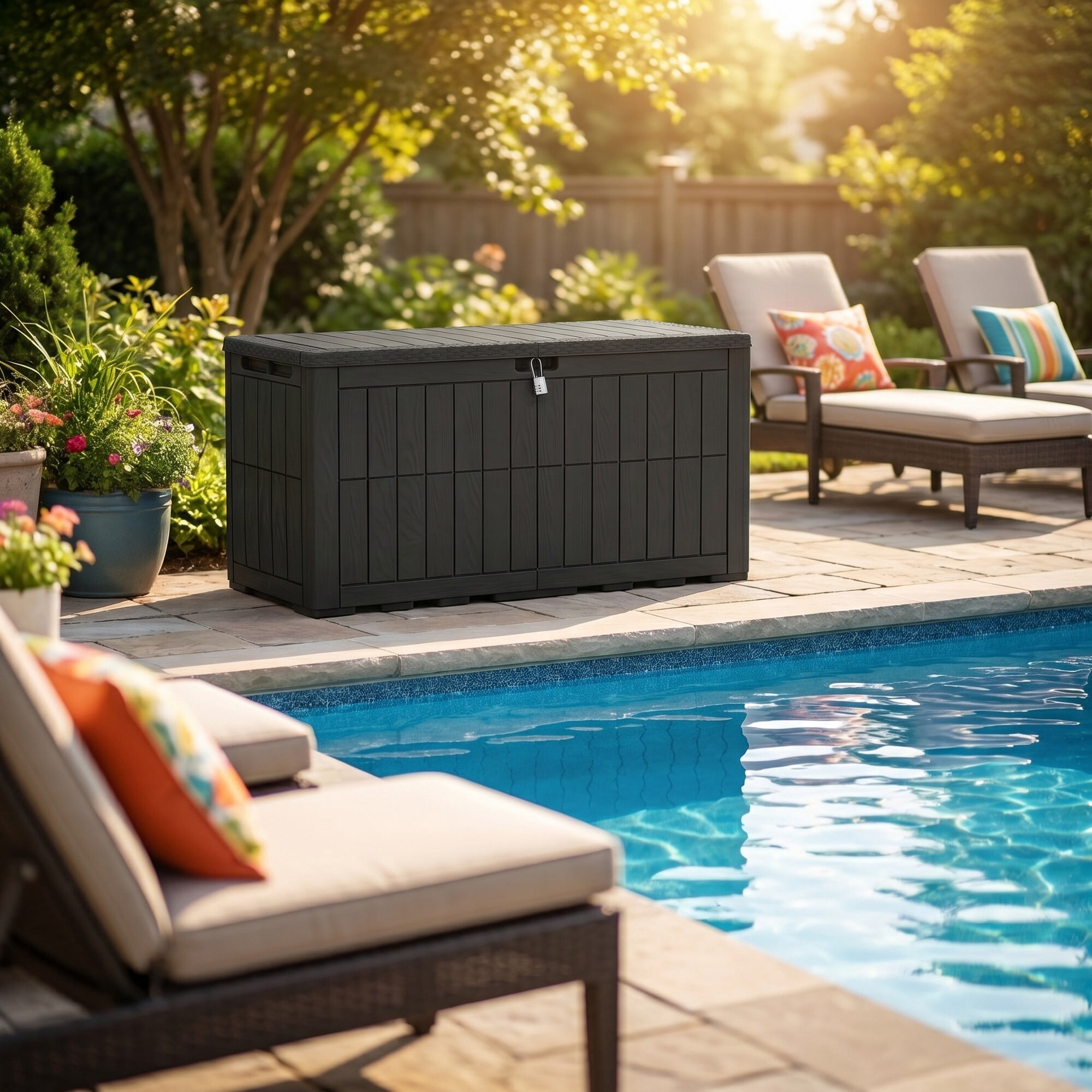 Uforic 134 Gallon Waterproof Outdoor Storage Box with Lock, Resin Deck Box with Hydraulic Support, Weatherproof Storage Bin for Patio Cushions Garden Tools Pool Supplies, Black