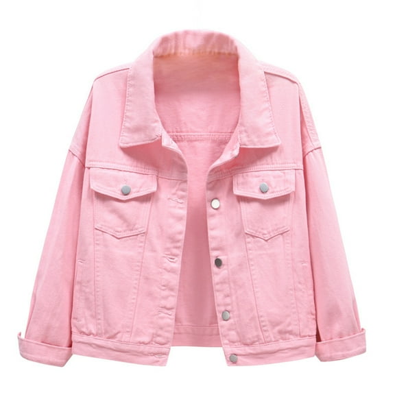 Women Denim Jacket Oversized Casual Button Up Boxy Jean Jackets Drop Shoulder Long Sleeve Trucker Coat with Pocket Pink M