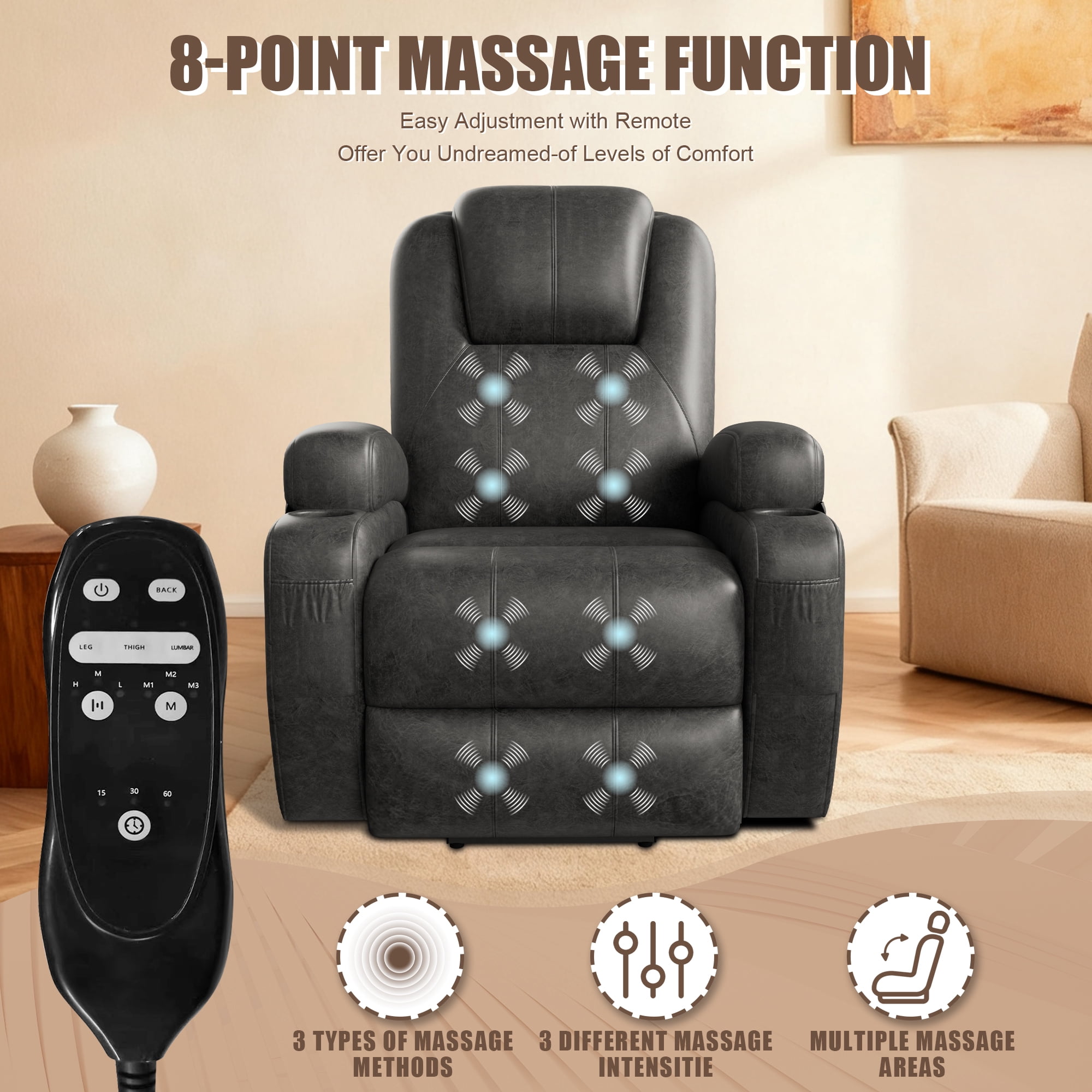 Homall Power Lift Recliner with Massage Function for Elderly,Ergonomic Recliner Chairfor Living Room,Heavy Duty Leathaire Single Sofa with 2 Cup Holder for Bedroom Home Theater,Black