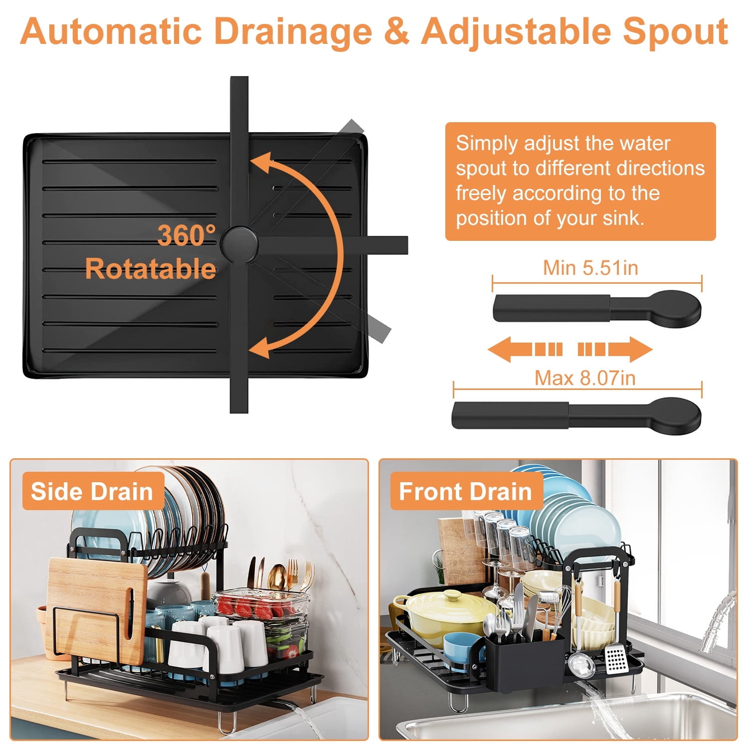 2 Tier Dish Drying Rack, Carbon Steel Rust Resistant Kitchen Drainer, Large Capacity Tableware Organizer with Drainage Tray, Removable Utensil Holder, for Kitchen Countertop Sink Corner