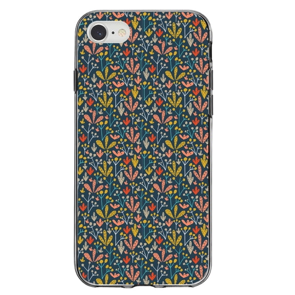 DistinctInk Clear Shockproof Hybrid Case for iPhone 7 8 SE (2020 Model) 4.7" Screen TPU Bumper Acrylic Back Tempered Glass Screen Protector - Modern Floral - Navy Yellow Teal