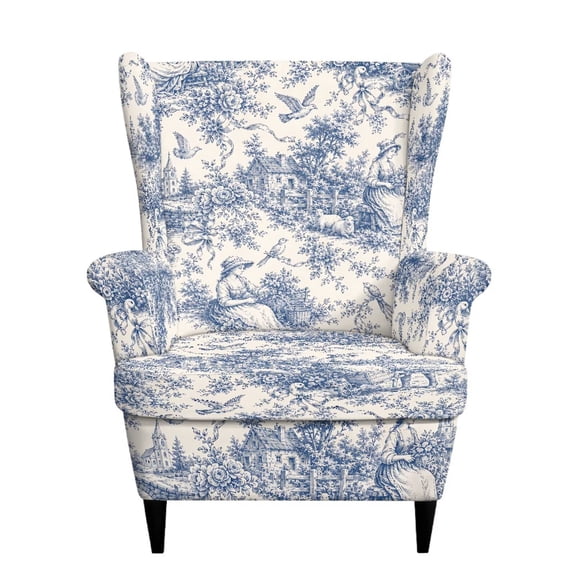 Aplkyhs Blue Toile Vintage Wingback Chair Covers Slipcovers 2 Piece Stretch Wing Chair Covers Spandex Slipcovers Wingback Sofa Covers Armchair Covers Non-Slip Furniture Protector