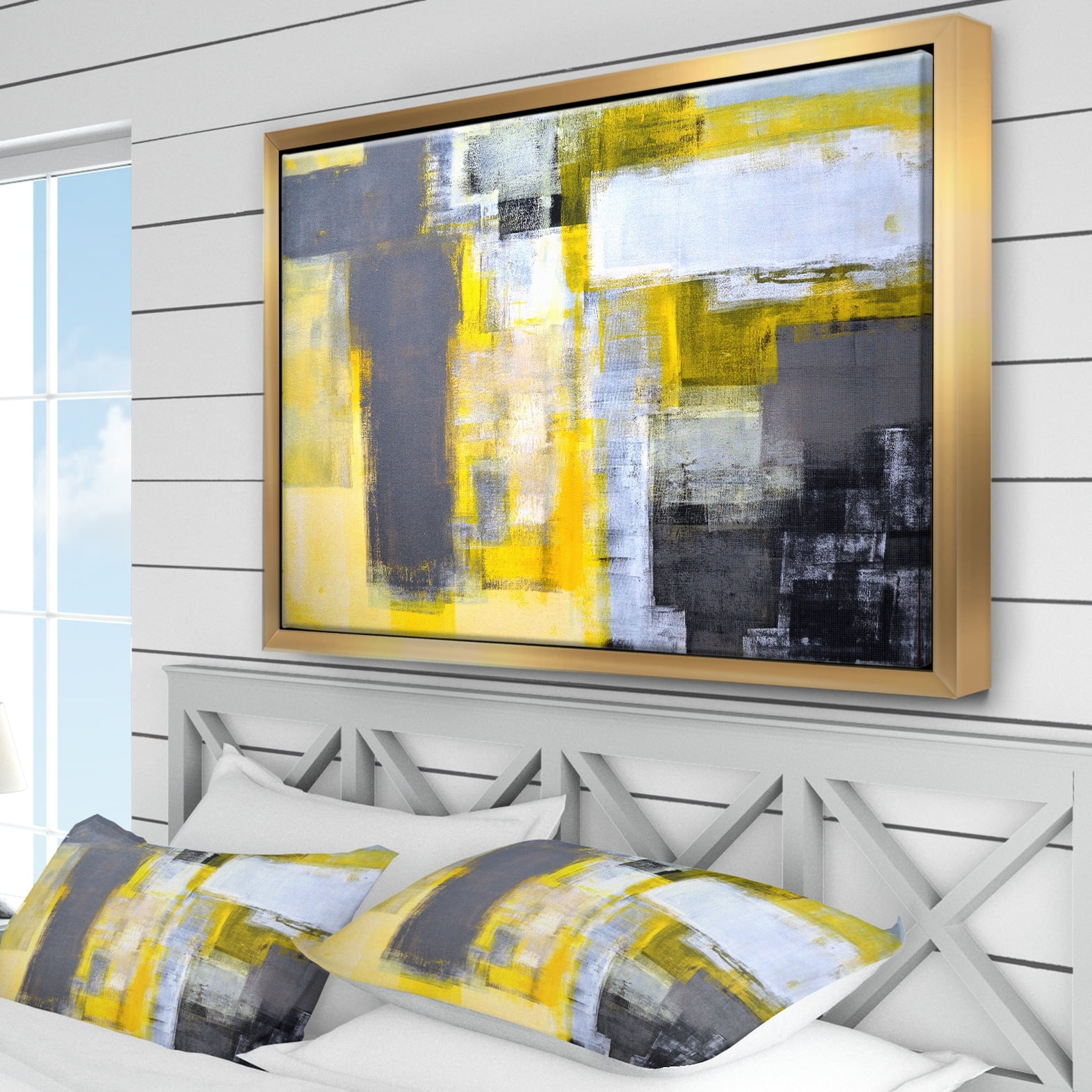 Designart ' Grey and Yellow Blur Abstract ' Abstract Framed Canvas Art Print