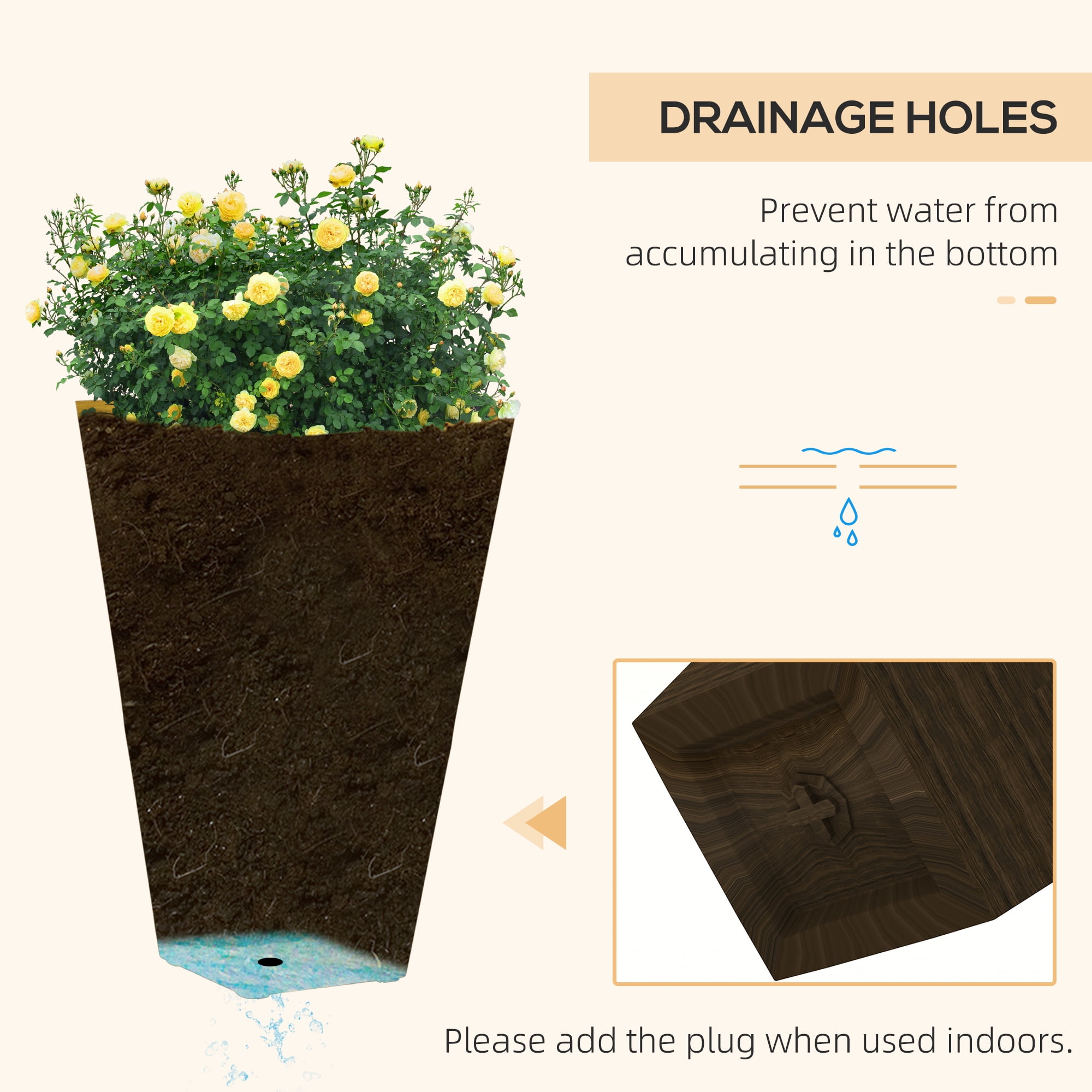 Outsunny Set of 3 Tall Outdoor Planters w/ Drainage Holes, Brown