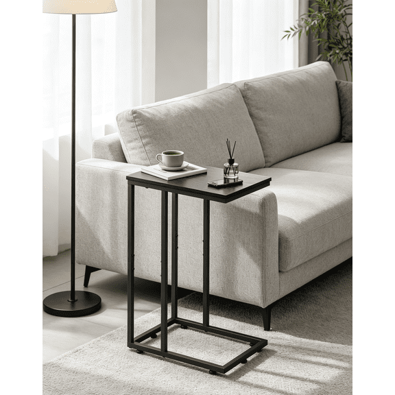 Puedo Black Mobile Side Table, C Shaped End Table with 360° Wheels for Couch, Bed, Home, Office