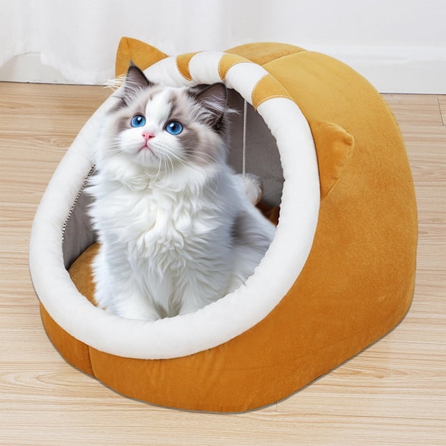 Caseta Semicerrada para Gatos y Perros con Cama de Invierno | Cojín Extraíble y Lavable | Caseta Cálida | Amarillo | 45X40X35Cm | 1 Unidad
