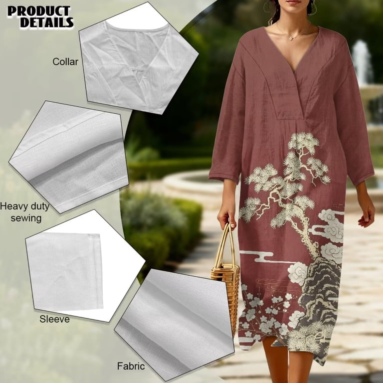 oversized kaftan midi dress Renewold Red Pine Tree Cloud Flower Print Kaftan Dresses for Women Plus Size Floral Oversized Midi Dress for Summer Spring Lightweight Soft Oriental