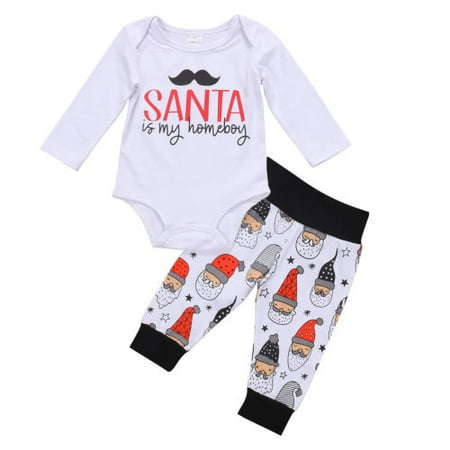 

2Pcs/Set Newborn Baby Boy Girl Letter Long Sleeve Romper + Santa Long Pants