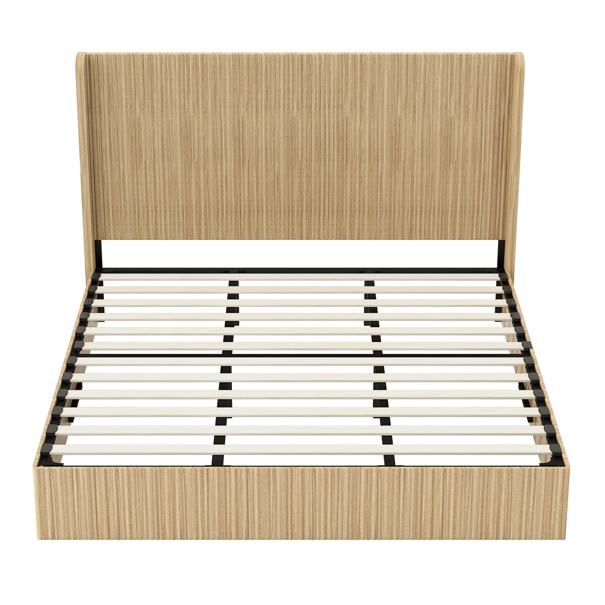 Mintazer King Size Vertical Fluted Platform Bed with Tall Wing Headboard, Low Profile Platform for Bedroom & Guest Room, No Box Spring Needed, Natural