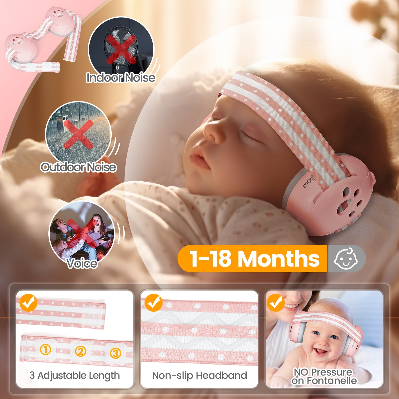 Orzbow 2-in-1 Baby Ear Muffs Noise Protection, Noise Cancelling Headphones for Babies up to 48 Months, Adjustable Infant Ear Protection with Non-Slip Band for Airplane Travel Sleep, Pink