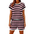 thumbnail image 3 of Sewkxo Two Piece Sets for Women Stripe Summer Crew Neck Lounge Short Sets Shorts Sleeve Drawstring Sweatsuit with Pocket,Pink M, 3 of 5