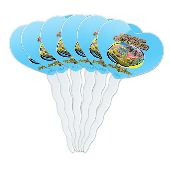 Stock Car Racing Mom USA Speedway Garage Heart Love Cupcake Picks Toppers Decoration Set of 6