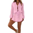 thumbnail image 3 of Miluxas Women's Summer Cute Tie Front Romper -Long Sleeve V-Neck Loose Fit Short Jumpsuit Lightweight Comfy Solid Beach Trip Outfits Pink, 3 of 8
