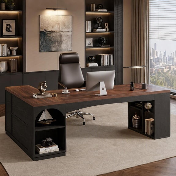 Finmind 86" L-Shaped Executive Desk with 3 Drawers & Storage Shelves, Large Computer Desk, Modern Office Desk, Business Furniture Desk for Home Office