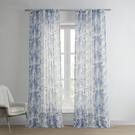 Xenia Blue Printed Faux Linen Sheer Curtain (1 Panel), Xenia Blue, 50W X 84L