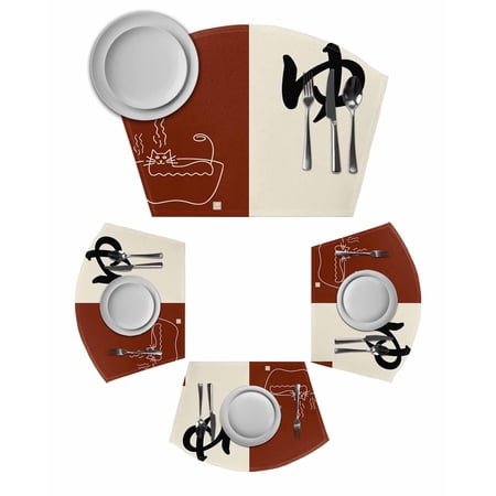 Japanese Cat Round Placemats Set of 6, Modern Minimalist Cartoon Brown Beige Placemats for Round Dining Table Shape Wedge Placemats for Outdoor Indoor Wipeable Clean Table Place Mats