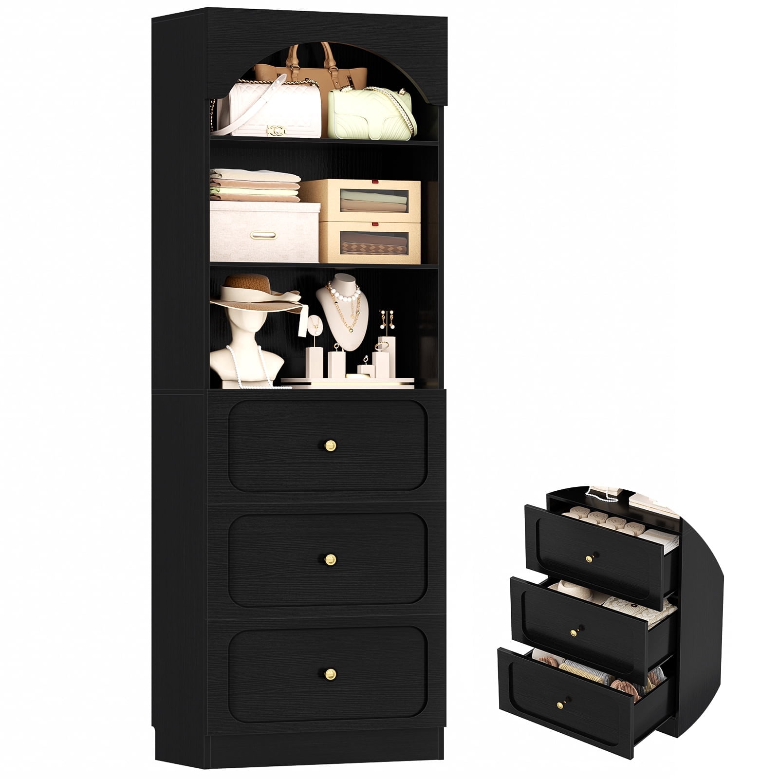 Homieasy 80" Tall Arched Bookcase with 3 Drawers & 3 Open Shelves - Wooden Storage Cabinet for Living Room, Kitchen, Office,Black
