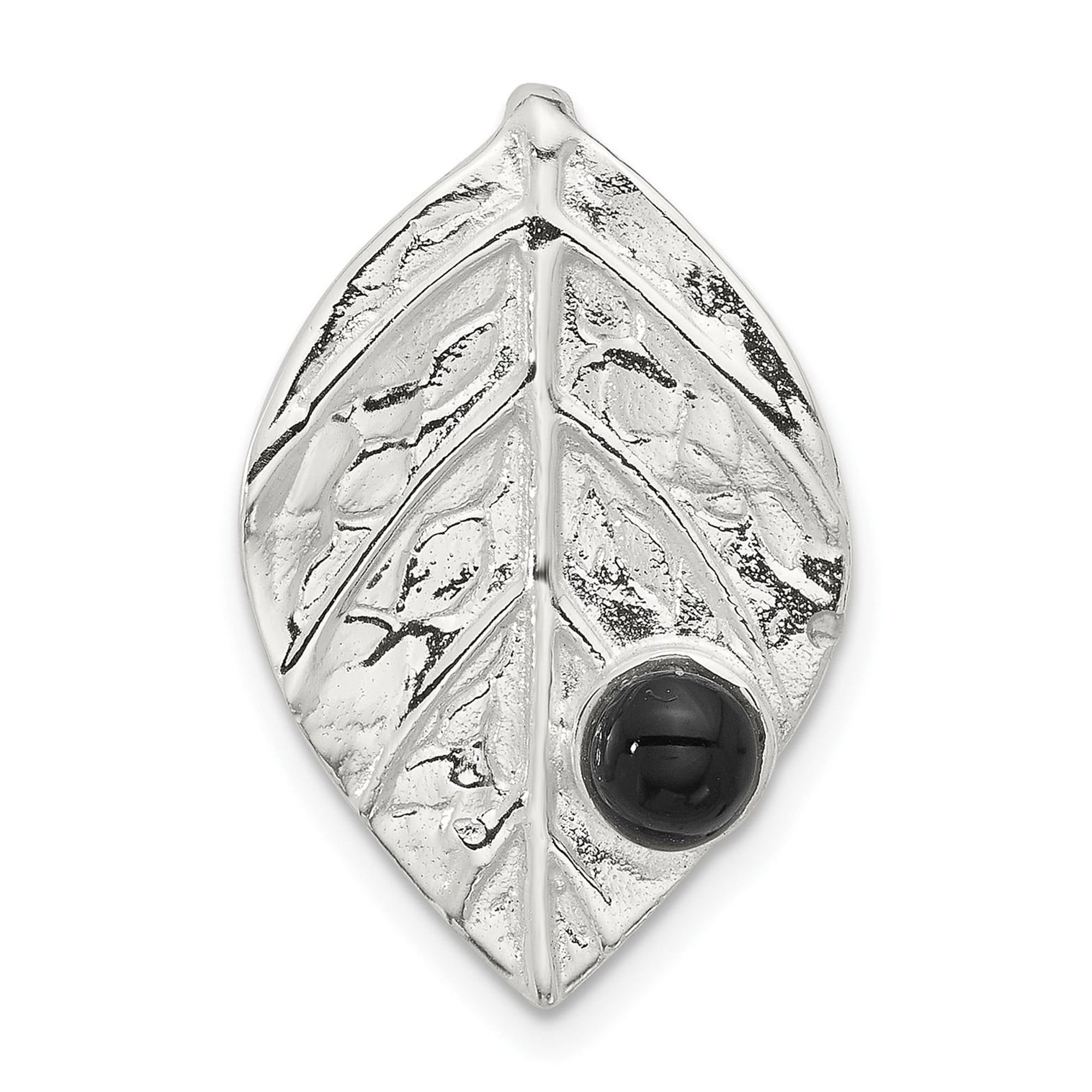 Sterling Silver Leaf Pendant Necklace with Black Onyx, Textured Nature Design for Women, Botanical Style Jewelry, Earth Symbolic Spiritual Statement Piece
