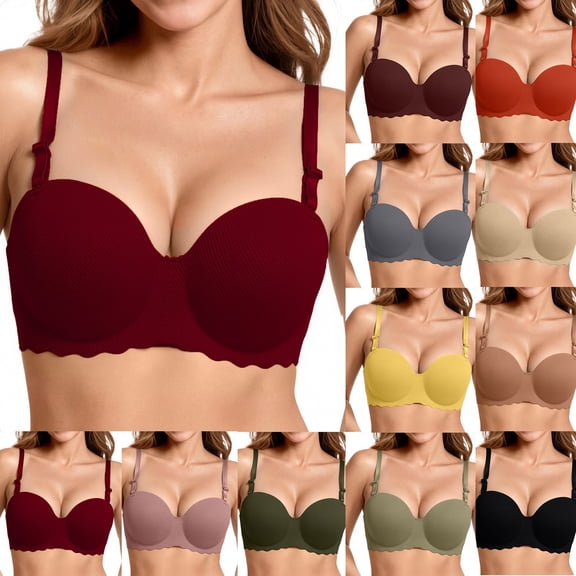 Byworldtasic Women's Convertible Strapless Bra Breathable Mesh Padded Push‑Up Bra Scalloped Edge Everyday Bra