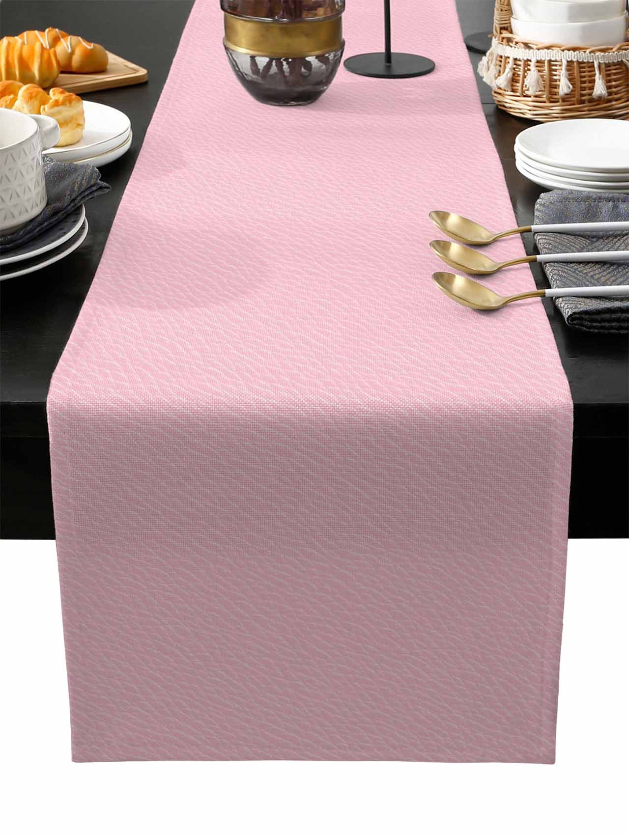 Solid Pink Cotton Linen Table Runner 13 x 72 inch Romantic Minimalism Abstract Denim Texture Non-slip Rectangular Dining Table Decor for Wedding Party Holiday Dinner