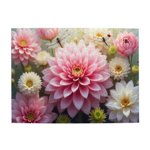 500 Piece Jigsaw Puzzle For Adults Pink Dahlias And Dragonflies Floral Nature Garden Insects Challenging & Relaxing Adult Puzzle Beautiful Home Decor Unique Gift Idea 20.5X15In