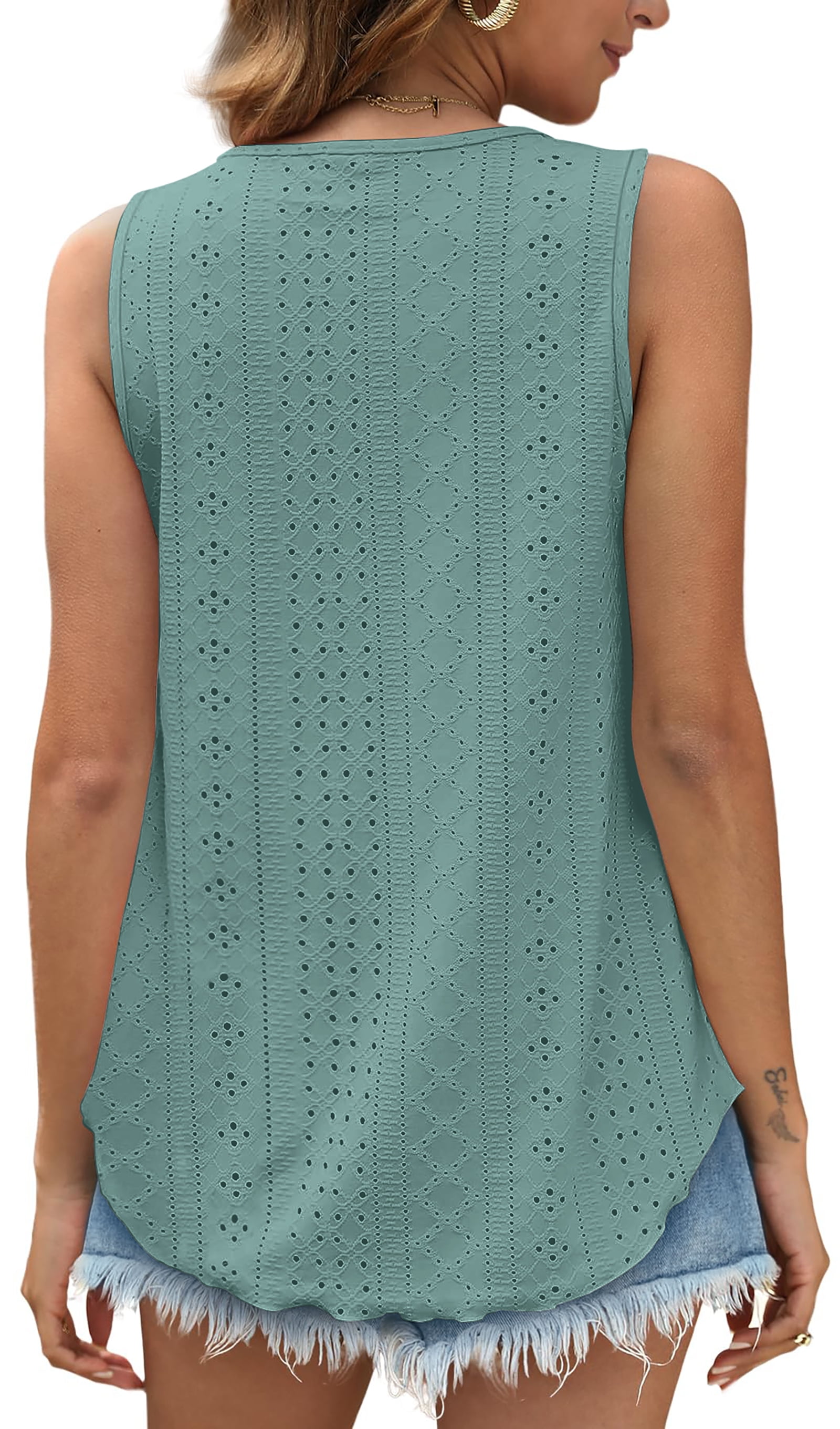 Fantaslook Womens Tank Tops Eyelet Crew Neck Sleeveless Tops Dressy Casual Flowy Summer Shirts