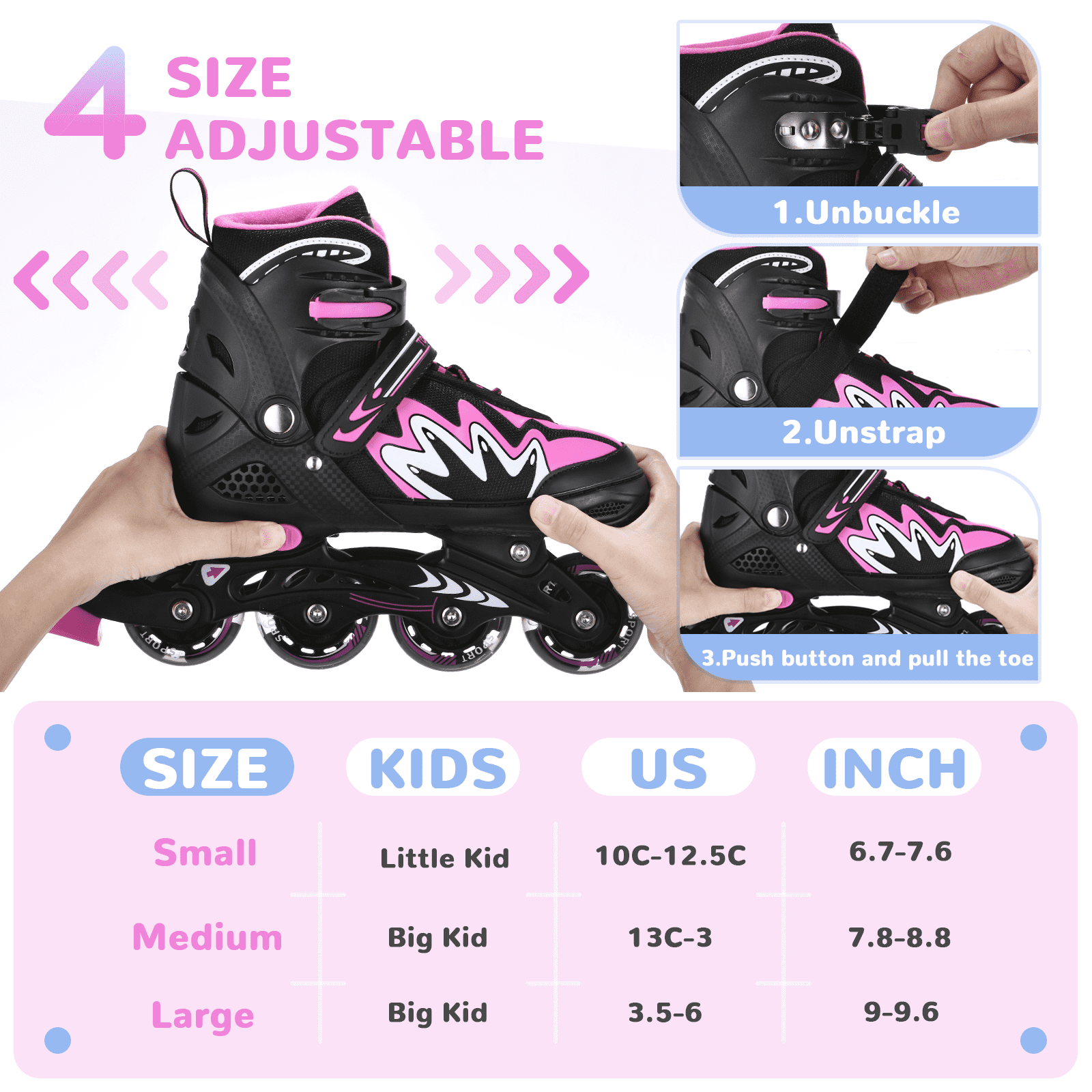 Roller Blades for Boys Girls 4 Sizes Adjustable Inline Skates with Light-Up Wheels for Outdoor Blades Roller Skates M