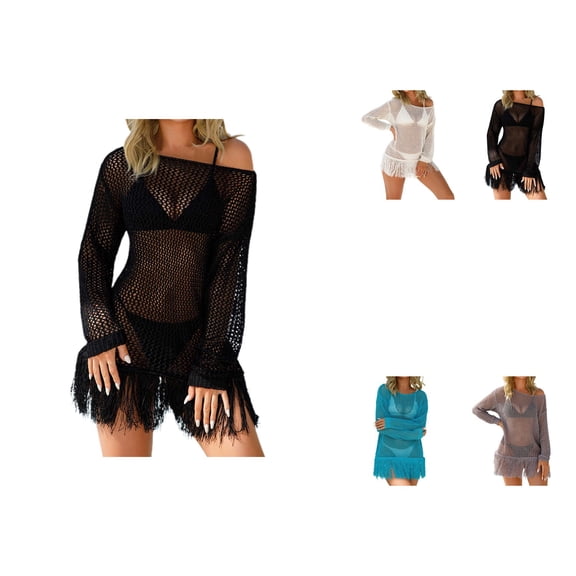 Womens Crochet Beach Cover-Up Dress Long Sleeve Hollow-Out Bikini Smock with Fringe, Lightweight Knit Swimsuit Coverup for Sunscreen & Home